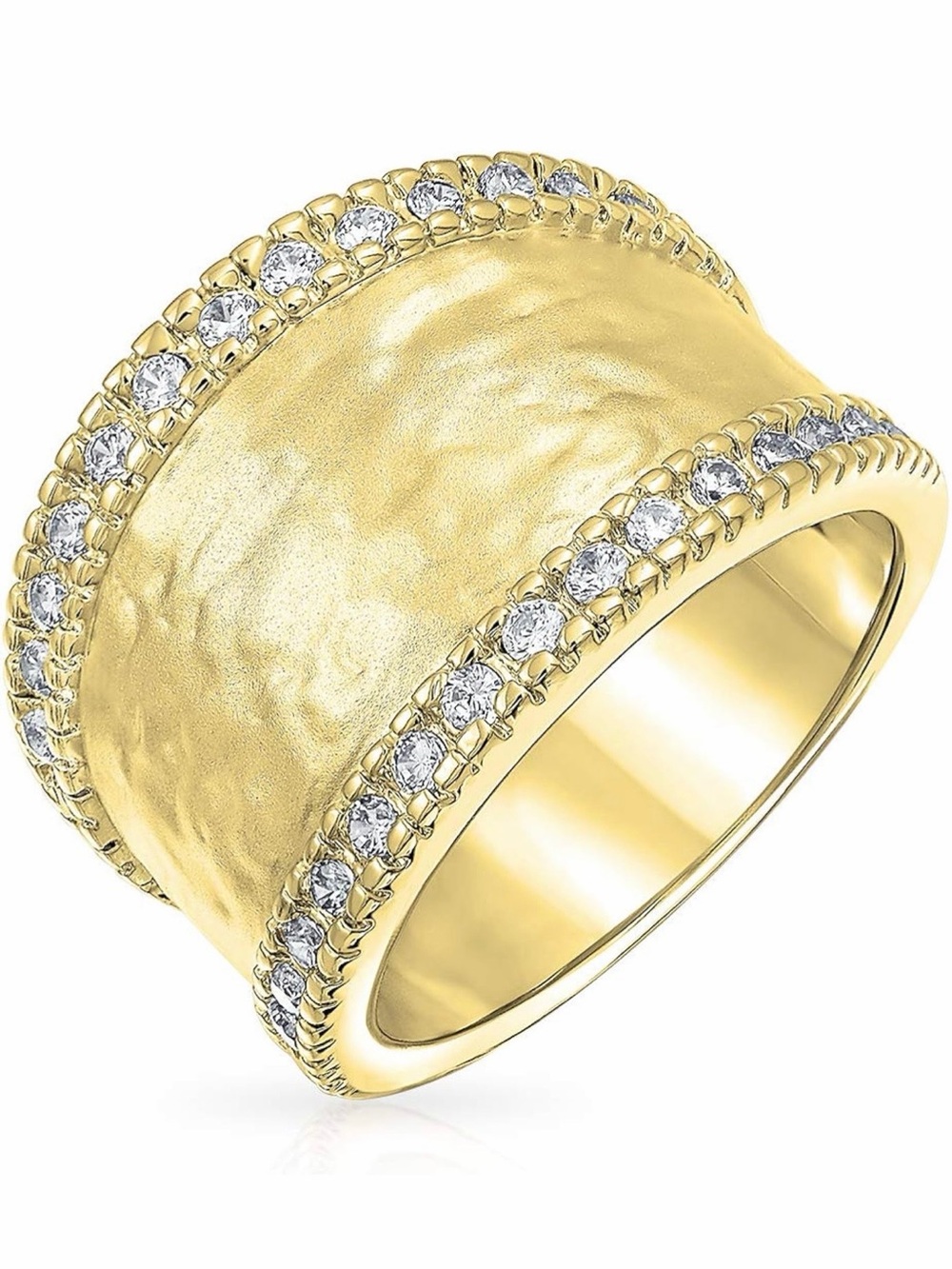 Gold Hammered Wide Band Ring with Pavé Crystal Edges